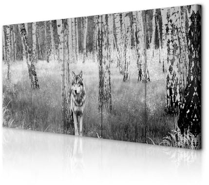 decomonkey Bilder Wölf Wald 200x80 cm 5 Teilig Leinwandbilder Wandbild weiß | Strukturleinwand, Holzkeilrahmen, Bild auf Leinwand, Kunstdruck, Wanddeko, Wohnzimmer, Wanddekoration, Tiere, schwarz