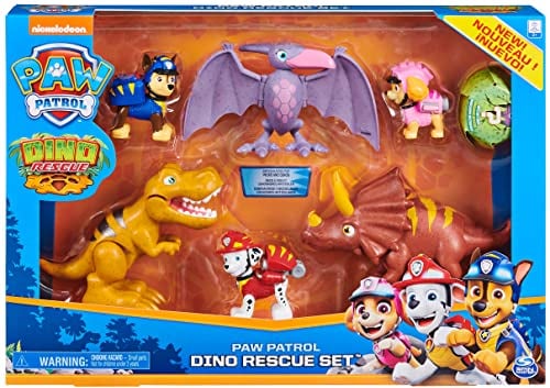 PAW PATROL Dino Rescue Hero Pup Geschenkset - mit 3 Hundefiguren und 3 Dinosaurierfiguren mit Action-Funktionen für fantasievolle Rettungsmissionen, ab 3 Jahren