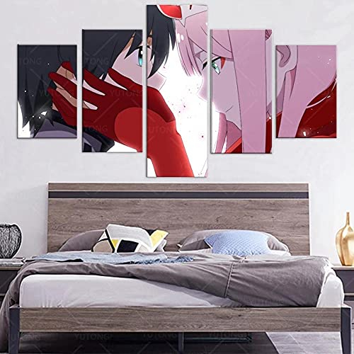 QZWXEC® Anime Darling in den Franxx 02 Comics/ 5 Teilig Leinwand Kunstdruck,modern Panel HD Poster 5 stück Lein wandbild,Wohnzimmer Büro Home Holzrahmen Dekoration Total Size: (H-80 cm x M/B-150 cm)