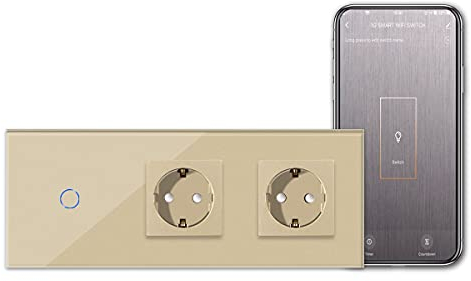 CNBINGO Smart Touchschalter mit Doppel Schuko Steckdose unterputz mit Glasrahmen, WLAN Lichtschalter Arbeit mit Alexa, Google Assistant, Wandschalter einfach in Gold, Neutralleiter Wird Benötigt