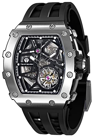 TSAR BOMBA Orologio Automatico da Uomo Meccanismo Apparente Lusso Impermeabile 50M Scheletro Barile Cassa Acciaio Rettangolare Militare Sport Regalo Movimento Giapponese