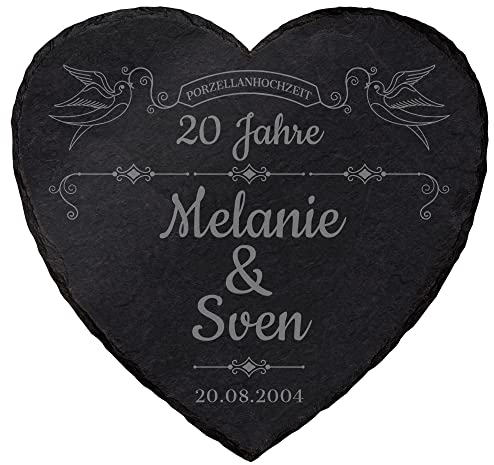 mtb more energy Personalisierbare Schiefertafel Herz ''20 Jahre Porzellanhochzeit'' - individuell anpassbar - 25x25cm - Laser Gravur auf Schieferherz - Hochzeit Geschenk