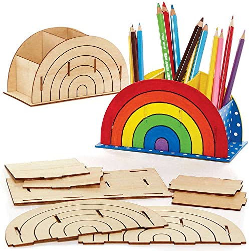 Baker Ross FC775 Regenbogen Holz Stifte Topf Bastelset - 2er Pack, Stiftebox aus Holz für Kinder zum Bemalen, Ausstellen und Schreibtisch Organisieren, Mittel
