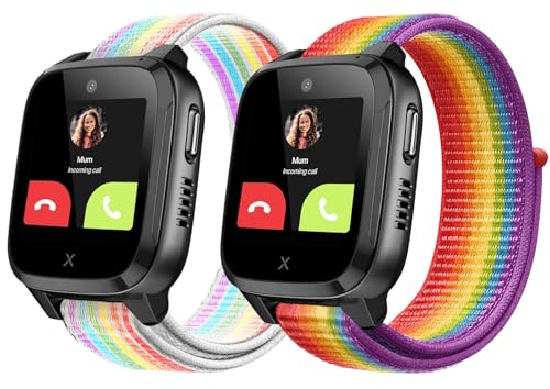 Snyeest 2-Stück Nylon Armbänder Nur Kompatibel mit XPLORA Kidzi Armband, Kids Smartwatch Klettverschluss Mädchen Jungen Verstellbare Ersatz Armbänder Kompatibel mit Xplora Kidzi,Regenbogen+Neon