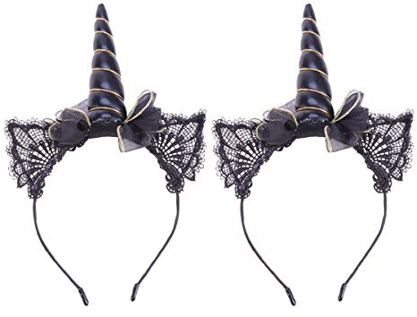 Luxshiny 2 Stück Schwarzes Einhorn Horn Stirnband Spitze Katze Einhorn Stirnband für Weihnachten Halloween Party Cosplay Kostüm