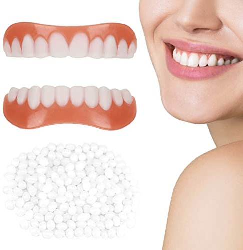 1 Pair False Teeth Veneers Top and Bottom Instant Veneers Fake Tooth White Dentures Instant Smile Veneers Cosmetic Teeth Whitening Temporary Prosthesis Tooth with Thermal Beads for Men Women Adult