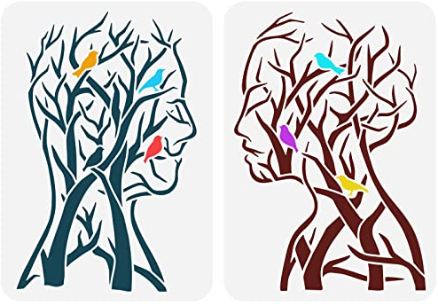 FINGERINSPIRE 2PCS Baum des Lebens Schablone 29.7x21cm Mann Frau Malerei Schablone Zweig Vogel Handwerk Schablonen Menschliche Form Baum Schablone Vorlage für Malerei auf Holz Wand Stoff Home Decor