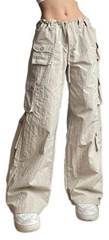 Patchwork-Hose mit Tasche, gerade, hell, khaki, niedrige Taille, Baggy, lässige Cargohose für Damen, Harajuku 2000er-Jahre-Jogging-Overalls, Khaki, M