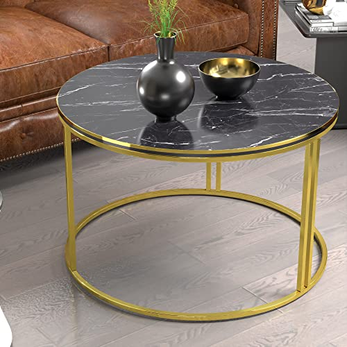 [en.casa] Table Basse Ronde Table de Nuit de Chevet Stylée Panneau de Particules Métal 50 x 70 cm Marbre Noir Or