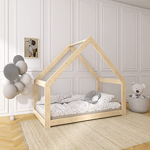 Need Sleep Kinderbett Haus Hausbett Bodentief 90x200 cm ohne Rausfallschutz mit Lattenrost Bodenbett Montessori Bett ab 2 Jahre aus Holz Mädchen Junge Symmetrisch
