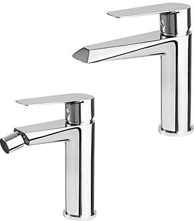 Inbagno Set Miscelatore lavabo e Bidet monocomando, Finitura Cromo Lucido in Ottone, con Sottile Leva di Comando, Serie Cristallo