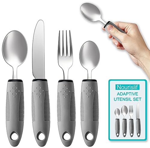 Nourislif Adaptive Utensils - Juego de 4 utensilios para temblores de manos, ancianos, artritis, parkinson, para adultos, 2.5 onzas cada uno, juego de cubiertos con asa, juego de cubiertos para