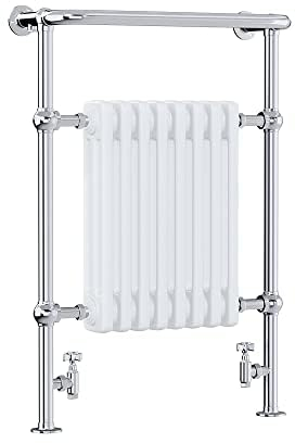 AQUAWORLD Traditional Victorian Style Bathroom Heated Towel with 8 Section Radiators, Floor Mounted Radiator Rack With White & Chrome 940x675MM (free radiator vavles)