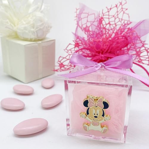 Doni Bomboniere 10 Scatoline portaconfetti in plexiglass Trasparente 5x5x5 con Ciondolo Charm Disney di Baby Minnie Mouse con Tutina Rosa e Oro. Bomboniera utile per Nascita, Battesimo Bimba