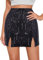 Segreto Damen Glitzer Pailletten Rock Sexy Hohe Taille Schlitz Figurbetont Bleistiftrock Minirock Schwarz