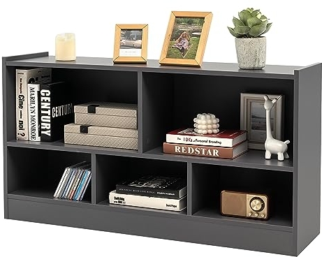 KOMFOTTEU Spielzeugschrank Kinder, Spielzeugregal mit 5 Fächer in 2 verschiedenen Größen, Kinderregal Bücherregal Holz, Aufbewahrungsschrank für Bücher & Spielzeug, 111 x 30 x 61,5 cm (Grau)