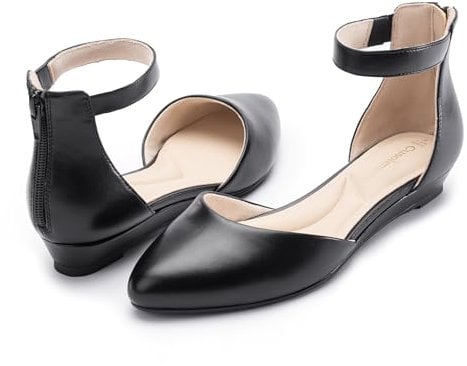 Cusolemore Damen Flache Schuhe Ballerinas mit Knöchelriemen, niedrige Keilabsatz Flats Spitze Zehe für Arbeit, Hochzeit SCHWARZ PU 39