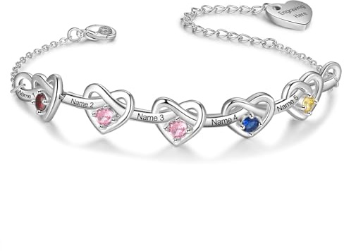 kaululu Personalisierte Damen Armband mit Gravur Namen Herz Armband mit Geburtssteinen für Mama Frau Oma Frauen Jewerly Geschenke Weihnachten Muttertag