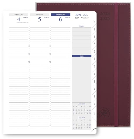 POPRUN Planer 2024–2025 (21,6 x 27,9 cm), A4, akademischer Wochenplaner, Monatsplaner, Viertelstunden-Terminkalender mit weichem Einband, Doppeltaschen, Weinrot