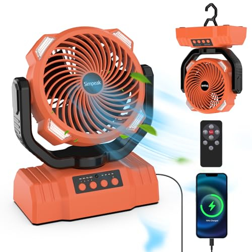 Simpeak 10000mah Rechargeable Camping Fan with LED Lantern, USB Silent Clip On Fan Desk Fan with Remote Control and LED Light [4 Speeds] [Shakes Head Automatically] [Power Bank Function],Orange