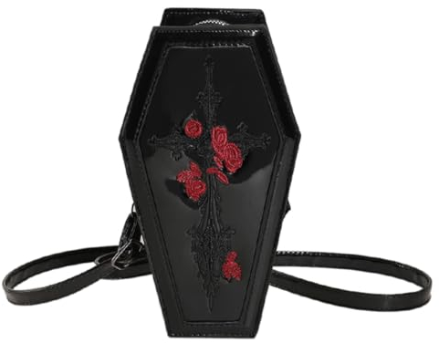 Kexpery Sarg-Umhängetasche für Damen, Cartoon-Gothic-Crossbody-Tasche, vielseitige Rose, Y2K, Handytasche, Halloween-Geldbörse, Schwarz , 220.00x120.00x90.00mm/8.66x4.72x3.54inch