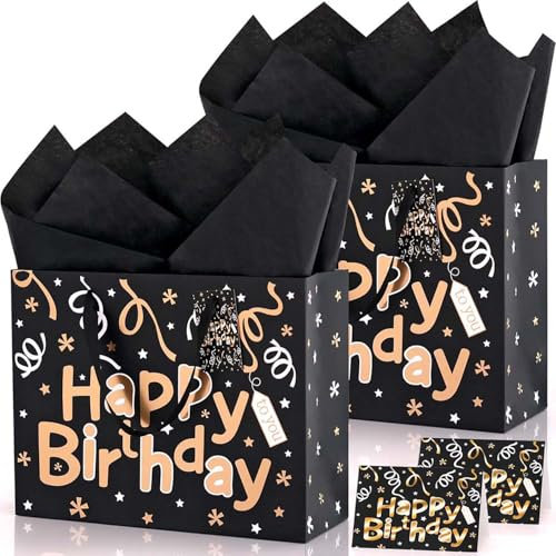 Birthday Gift Bag, 2Pcs 13 Large Black Gold Foil Happy Birthday Gift Bags for Presents with Tissue Paper Greeting Card, Black Paper Present Party Bags for Men Women Baby Shower Christening Party