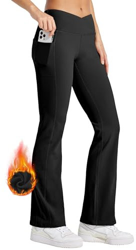 WILLIT Damen Thermo gefütterte Hosen Yogahose Bootcut Fleece Leggings Winter Warm Hose Flare Leggings Schlaghose Crossover Wasserdicht High Waist mit Taschen Schwarz L