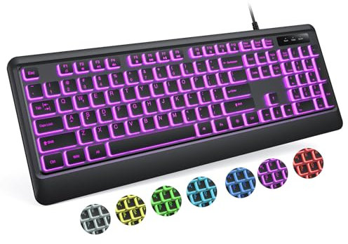 Luzarriba Clavier d'ordinateur rétroéclairé, clavier filaire USB LED avec rétroéclairage 7 couleurs, Plug and Play, étanche, clavier d'ordinateur silencieux pleine taille pour ordinateur de bureau,
