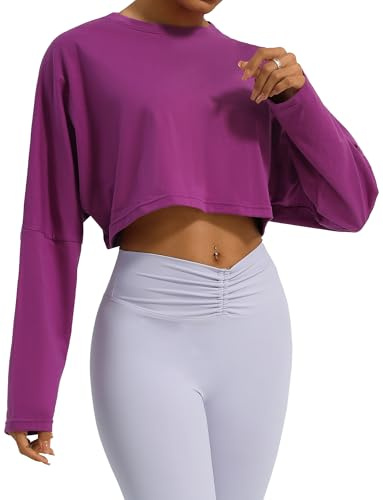 SEAUR Sport Langarmshirt Damen Bauchfrei Locker Laufshirt Baumwolle Fitness Gym Cropped Oberteile Langarm Sportshirt Yoga Shirt Longsleeve Crop Top - S