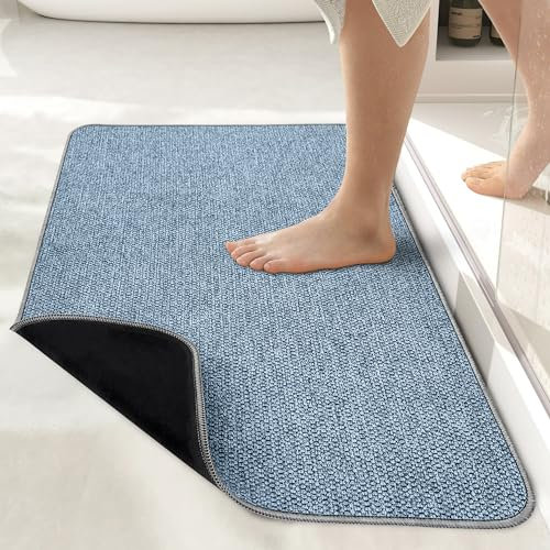 Bosap Bath Mat - Ultra Thin Rubber Bath Mat for Quick Dry, Washable, Fit Under Door - Super Absorbent Bathroom Rug for Shower & Sink (Blue, 24''x36'')