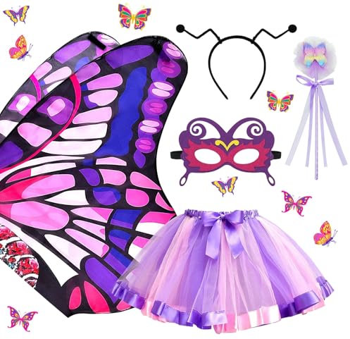 NebulaGlam 5 Stück Schmetterling Kostüm Kinder, Mädchen Schmetterlingsflügel kind Mädchen, mit Bunte Flügel Lila Tutu Rock Maske Haarband Feenstab, für Karneval Cosplay