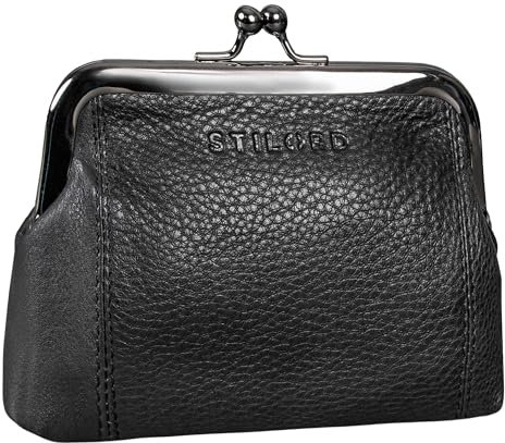 STILORD 'Goldie' Kleines Portemonnaie Damen Leder Kiss-Lock Münzbeutel Vintage Geldbeutel klein Damen Echtleder Antik Spangenportemonnaie Geldbörse mit Clipverschluss, Farbe:schwarz