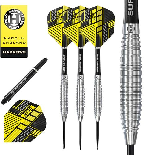 Harrows NX90 90% Tungsten Darts | Darts-Set mit Stahlspitze| 21g, 22g, 23g, 24g, 25g & 26g | Enthält Supergrip-Schäfte und 100-Mikron-NX90-Flüge (Bomb 23g)