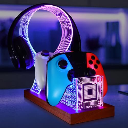 YuanDian Regali per ragazzi adolescenti, cuffie da gioco da scrivania e supporto per controller con luce notturna a LED blu rosa, supporto controller in legno acrilico con motivo PCB, regalo