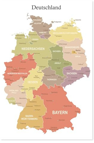 Postereck - 4083 - Deutschlandkarte: Bundesländer, Städte & Grenzen. - Wandposter Fotoposter Bild Wandbild Wanddeko deko - Poster - DIN A4-21,0 cm x 29,7 cm