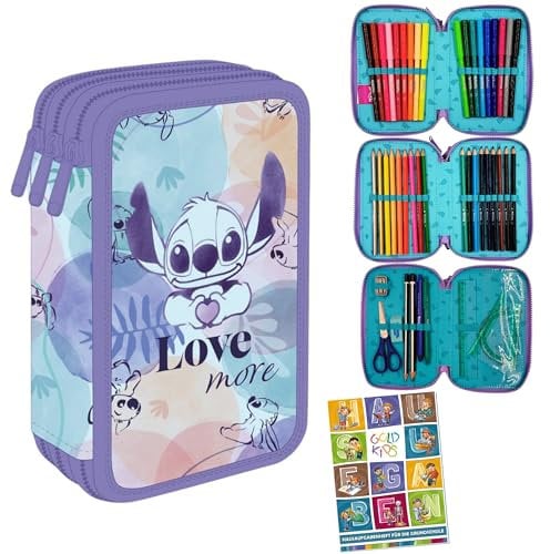 Goldkids - Federmäppchen 3 Fächer - Mäppchen für Mädchen und Jungen - Federmappe 3-Fach Federtasche Gefüllte Schüleretui 46-teilig - Schulmäppchen und Hausaufgabenheft - Stitch Motiv