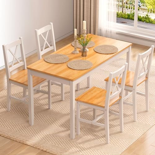 SogesPower Essgruppe für 4 Personen, Esstisch mit 4 Stühlen, Küchentisch Set aus Holz, Esszimmertisch und Stühle, Platzsparendes Möbel Set für Küche und Wohnzimmer, Natur/Weiß