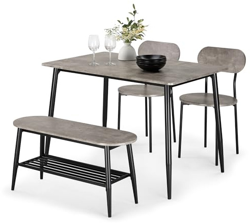 VonHaus Dining Room Set, 4 Seater Grey Dining Table & Chairs Set, Murray | Rectangular Concrete Effect Kitchen Table, Chairs & Bench for 4 People, Space Saving Table & Bench with Shelf