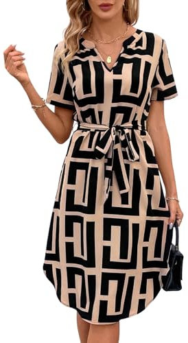 SweatyRocks Damen Hemdkleid Elegant Blusenkleid Kurzarm A Linie Tunikakleid Casual Sommerkleid Shirtkleid Knielang Kleid mit Gürtel Khaki M