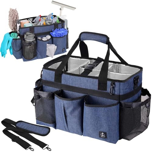 Timoxi Large Wearable Cleaning Caddy Bag with Detachable Divider, Cleaning Organizer with Handles, Cleaning Supply Tote with Adjustable Shoulder Strap&Waist Belt for Cleaners & Housekeeper (Blue)