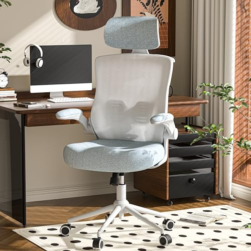 FOKESUN Ergonomischer Bürostuhl mit Verstellbarer Kopfstütze & Lendenstütze – Hochlehner Mesh-Schreibtischstuhl mit Schaumstoff-Sitz, Kleiderbügel & Verriegelungsfunktion (Weiß und Blau)