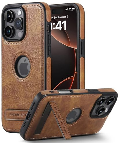 BinBoom Leather Case for iPhone 16 Pro Max Case, Thin Flexible Soft Grip Luxury Cover, Protective Slim with Kickstand Shockproof Phone Cases Compatible with iPhone 16 Pro Max, Brown