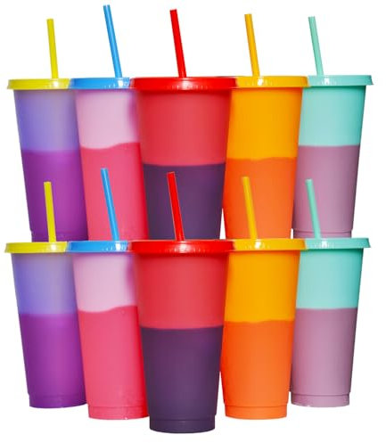Yisituo 710ml Becher mit Deckel und Strohhalm, 10 Stück Farbwechsel Becher, für Kinder, Mehrweg Plastikbecher, für Partys, Smoothies und Travel (10, Farbenfroh)