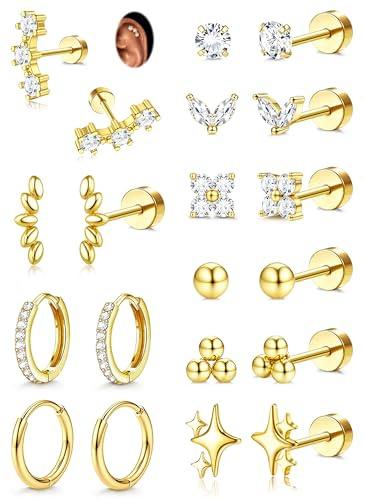 KRFY 10 Paar Ohrringe Gold Silber Set Hypoallergene 316L Chirurgenstahl Ohrringe für Damen Medizinische Ohrstecker Creolen Set Wasserfest 14K Vergoldet Helix Tragus Piercing Ohr Gold Silber