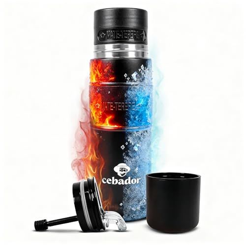 Cebador Mate Tee Thermosflasche Yerbomos XL 3in1 750ml Schwarz - Thermobecher Bombilla und Behälter für Pulver - Doppelwandig, Thermoisoliert - für Unterwegs, Reise & Büro - Verbesserte Dichtungen