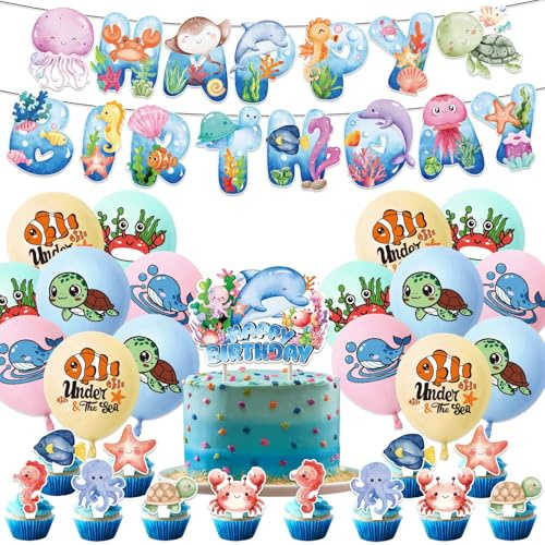 Lot de 30 décorations de fête d'anniversaire pour enfants, bannière de ballon, ballon du monde sous-marin, octobre, dauphins, tortues, thème animal