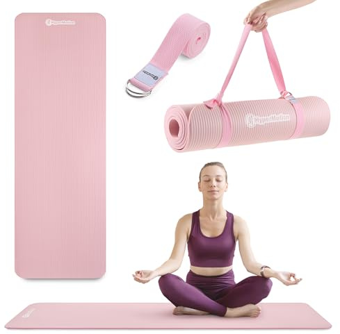 HyperMotion Yogamatte Fitnessmatte NBR 183x61x0,8 cm Schwarz, Rutschfest 8 mm, mit Tragegurt und Stretchband, Trainingsmatte für Yoga, Pilates und Workout (Rosa, 8mm)