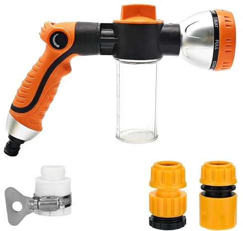 Garden Hose Spray Gun - 8 Patterns Adjustable Foam Spray Gun with Soap Dispenser, with Thumb Control High Pressure Hose Foam Sprayer for Lawn/Garden Watering Car Washing Pet Bathing Fertiliser
