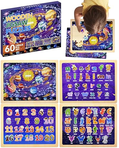 Holzpuzzle Kinder 4er Set 60 Teile – Lernpuzzle ab 3 Jahre mit Sonnensystem, Zahlen und Alphabet (Groß- & Kleinbuchstaben), Holz Puzzle 30 × 22 cm, Lernspielzeug Geschenk für Jungen und Mädchen