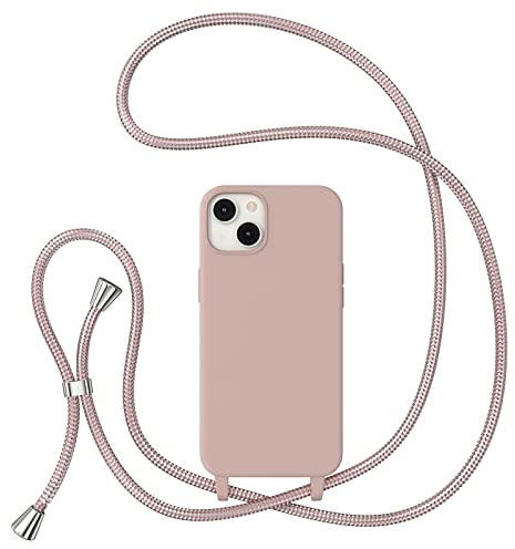 ZTOFERA Crossbody Lanyard Case for iPhone 15 (6.1), Pink | Liquid Silicone Phone Case with Strap, Adjustable Neck Cord Necklace, Soft Protective Cover, Portability, Anti-Drop